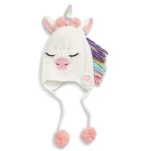 Under One Sky Girl Cable Knit White Unicorn Fleece Earflap Hat Size S/1-3Y